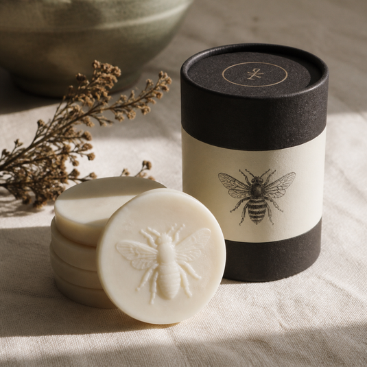 Bee-embossed wax medallion beside a black tube printed with a bee, with sprigs of dried lavender