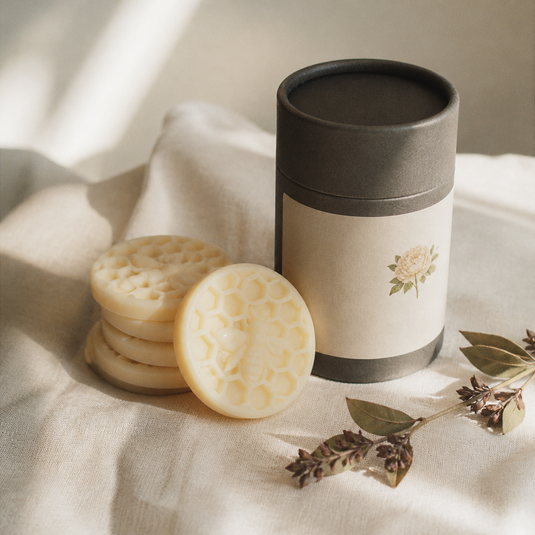 Bee-embossed wax medallions resting beside a charcoal tube on rumpled white linen