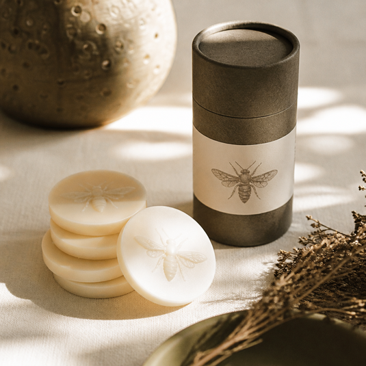 Bee-embossed wax medallions beside a charcoal tube with dried flowers and a stone sphere