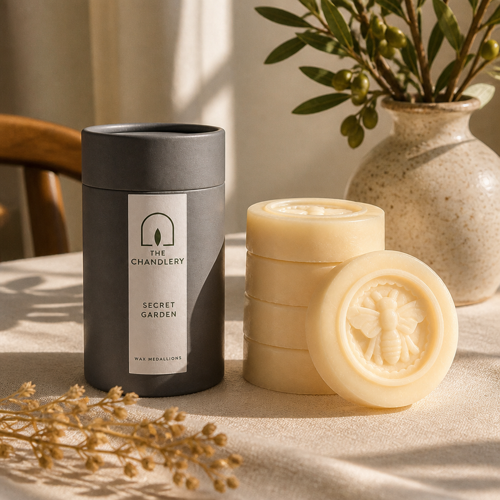Bee-embossed wax medallions beside a charcoal tube and a vase of dried flowers on a linen-draped table