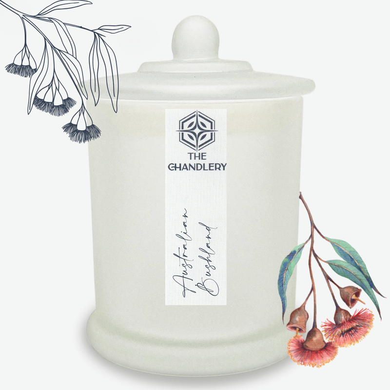 Australian Bushland apothecary candle in frosted glass with lid, illustrated with gum leaves and blossoms