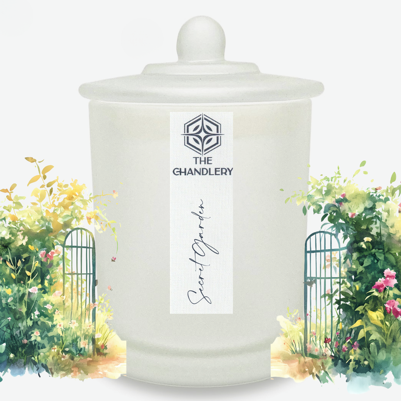 Secret Garden apothecary candle in frosted glass with lid, illustrated with rose-covered garden gates