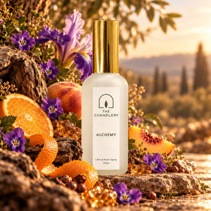 Alchemy room spray surrounded by purple flowers, citrus and amber-coloured accents in golden light.