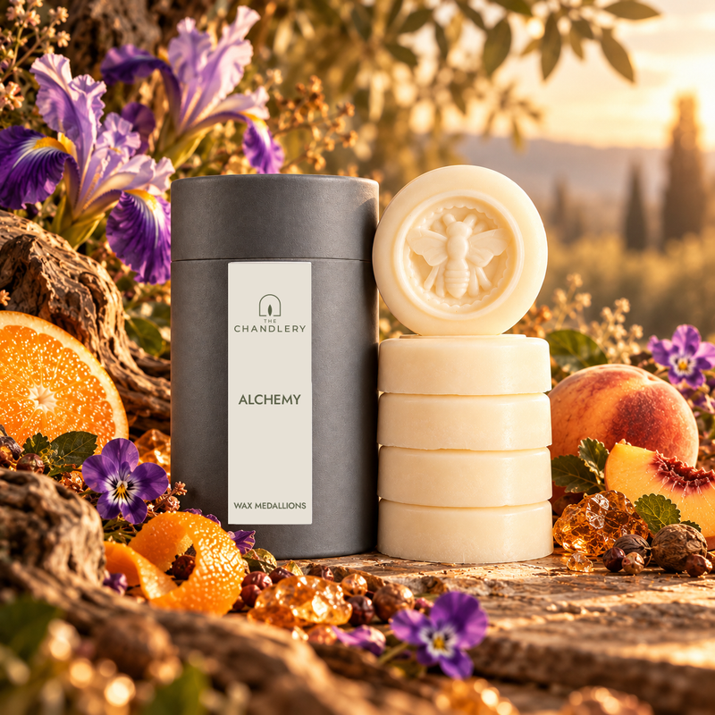 Alchemy wax medallions and labelled charcoal tube surrounded by purple flowers, citrus and amber-coloured accents in golden light.