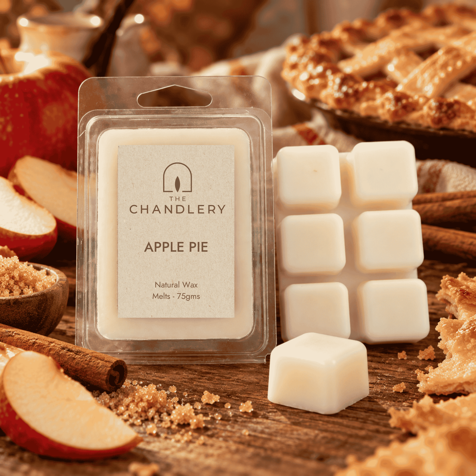 Apple Pie wax melt packet, six-cube ivory snap bar and loose cube with apples, cinnamon and baked pastry.