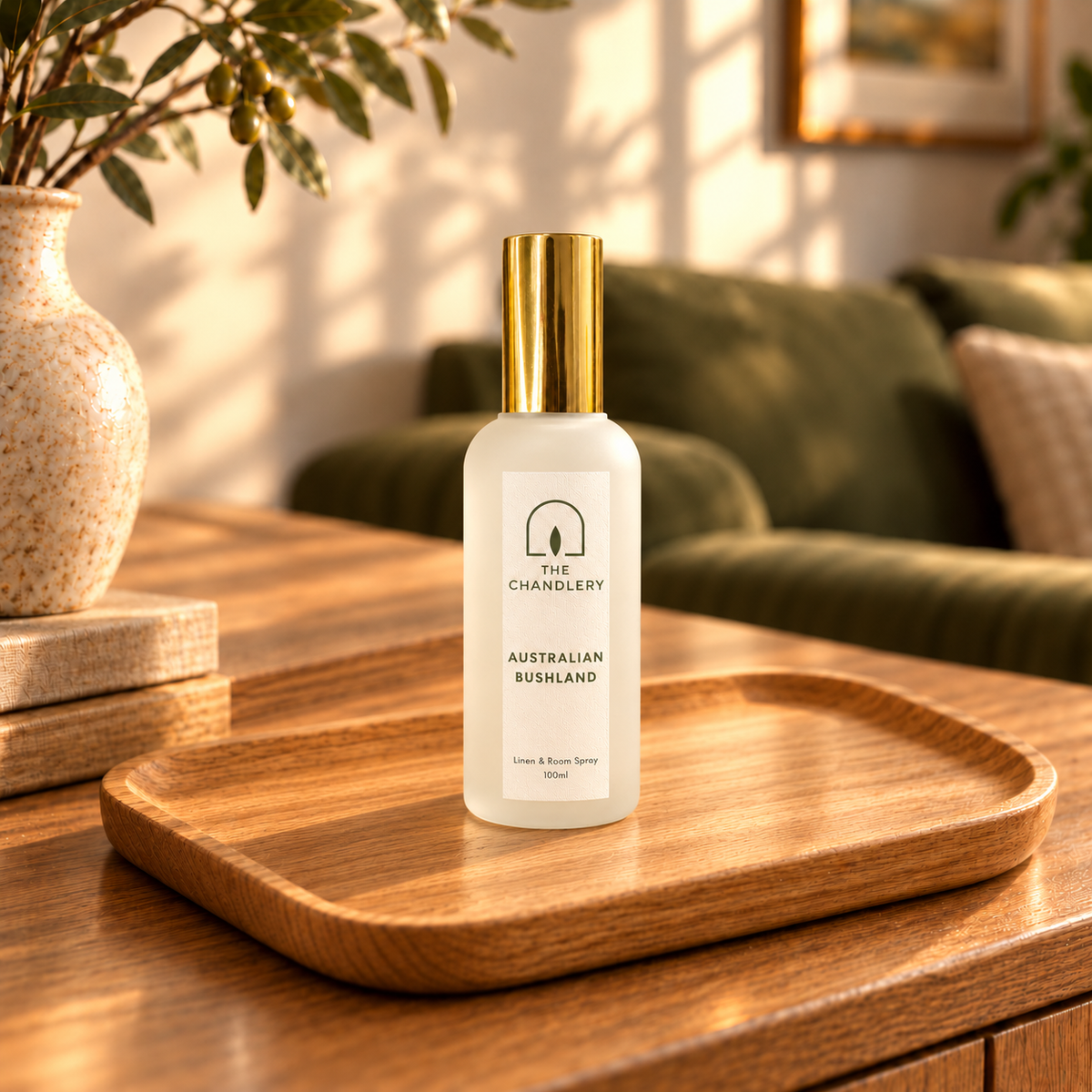 The Chandlery Australian Bushland room spray in a frosted glass bottle with a gold spray top, on a wooden tray on a sideboard in warm morning light.