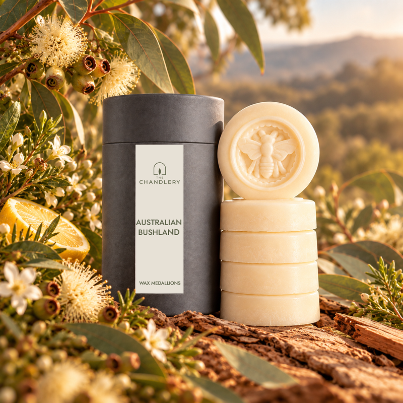 Australian Bushland wax medallions and labelled charcoal tube surrounded by eucalyptus leaves and native blossoms in a bushland setting.