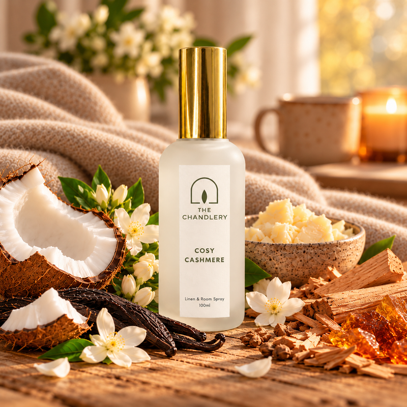 Cosy Cashmere room spray surrounded by soft knitted blankets, coconut, vanilla and warm candlelight.