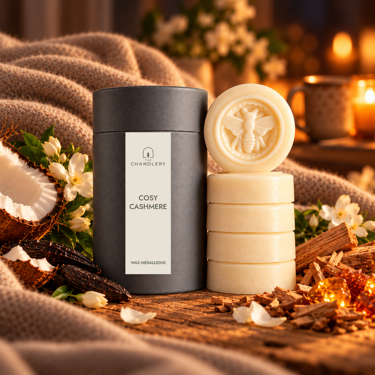 Cosy Cashmere wax medallions and labelled charcoal tube surrounded by soft knitted blankets, coconut and warm candlelight.