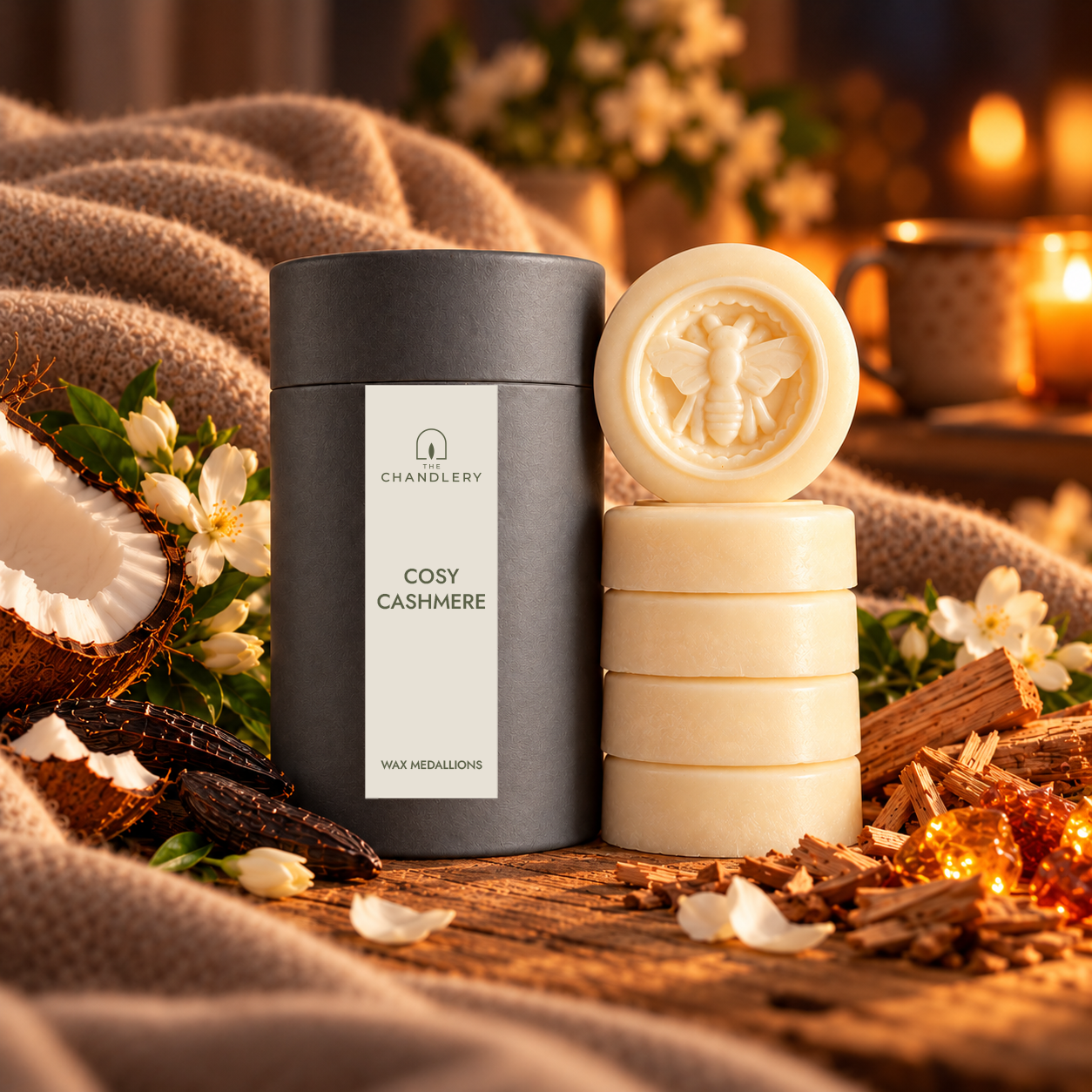 Cosy Cashmere wax medallions and labelled charcoal tube surrounded by soft knitted blankets, coconut and warm candlelight.