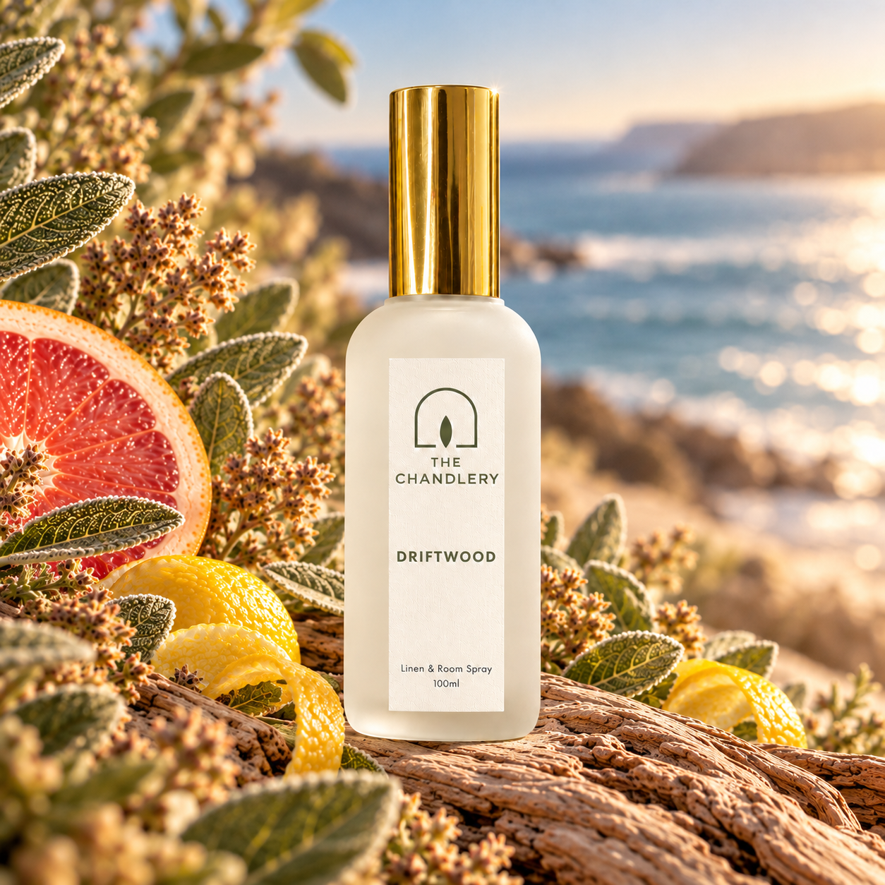 Driftwood room spray surrounded by weathered driftwood, grapefruit and coastal plants beside the sea.