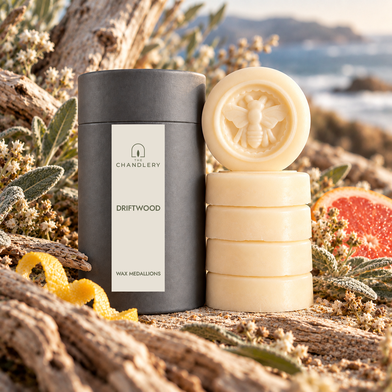 Driftwood wax medallions and labelled charcoal tube surrounded by weathered driftwood, citrus and coastal plants beside the sea.