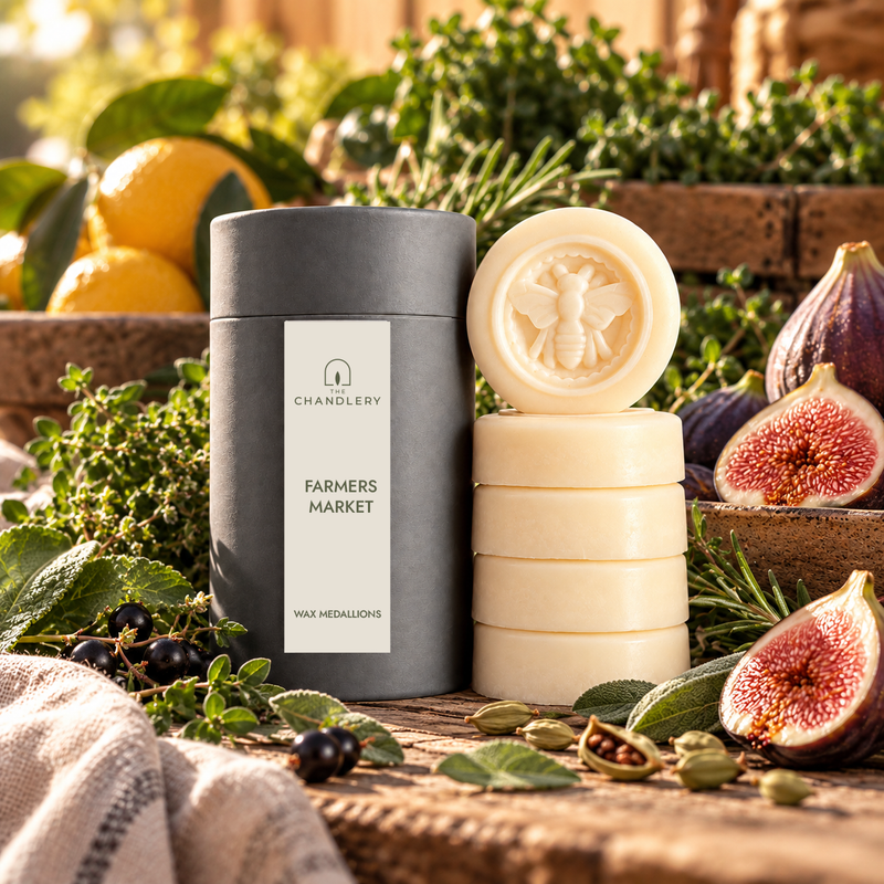 Farmers Market wax medallions and labelled charcoal tube surrounded by fresh figs, citrus and leafy herbs on a market-style table.