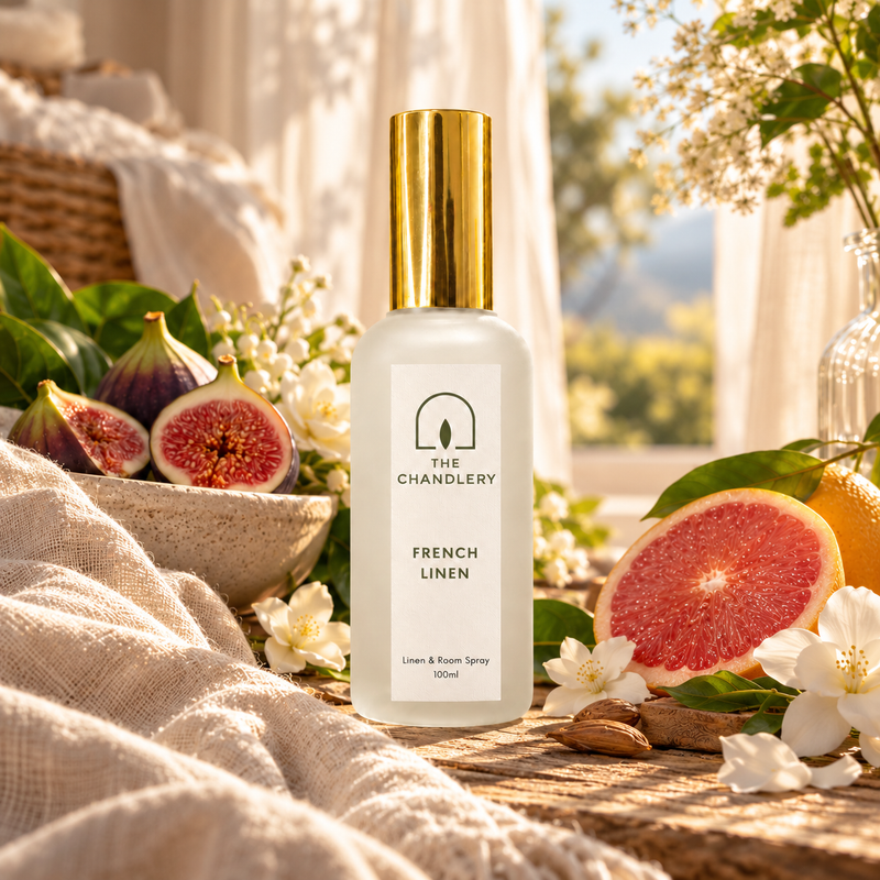 French Linen room spray surrounded by soft linen, figs, grapefruit and white flowers by a sunlit window.
