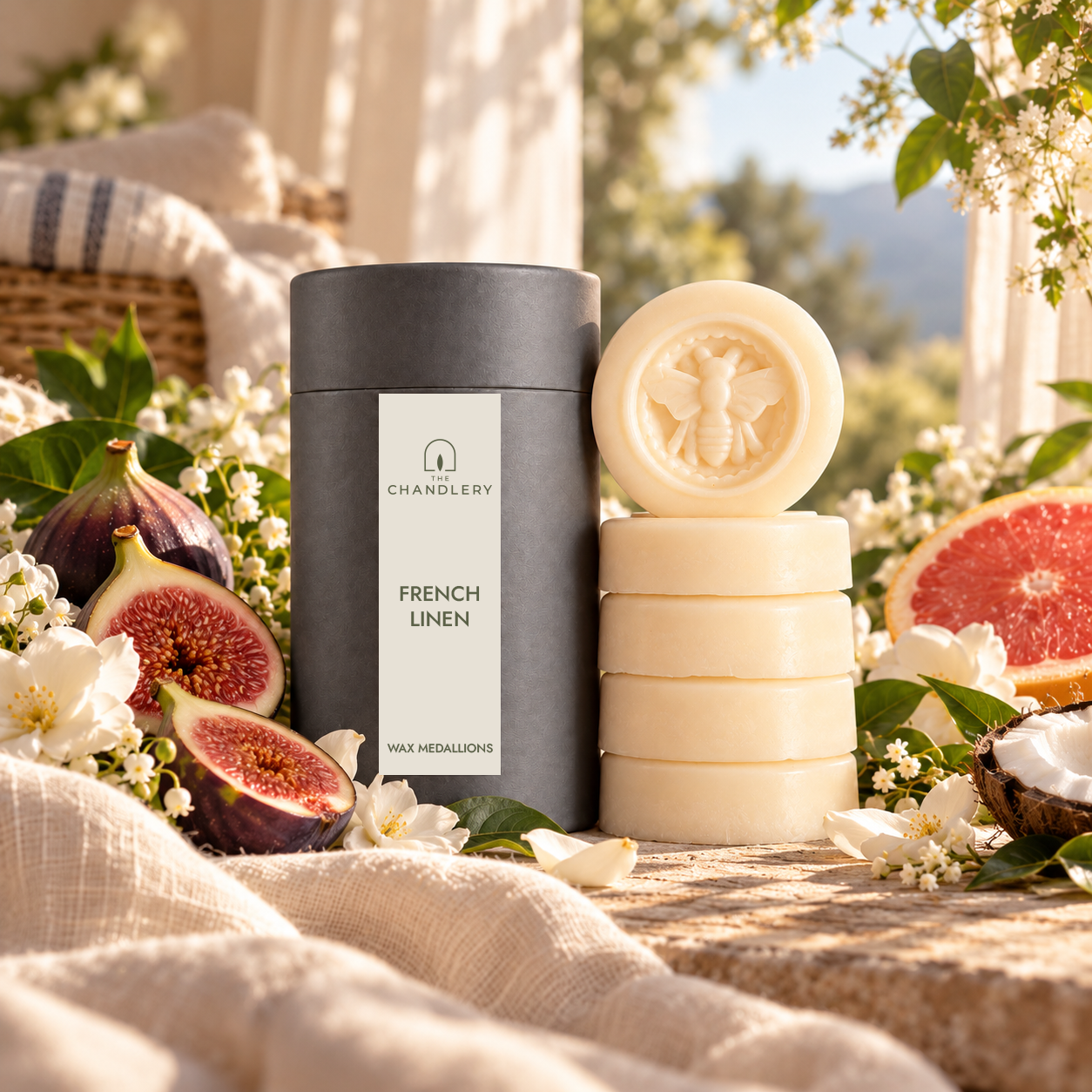 French Linen wax medallions and labelled charcoal tube surrounded by soft linen, figs, citrus and white flowers in sunlight.