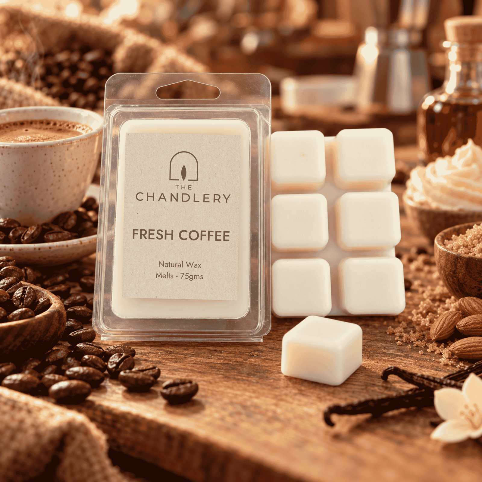 Fresh Coffee wax melt packet and ivory six-cube bar with a loose cube, roasted coffee beans and espresso.
