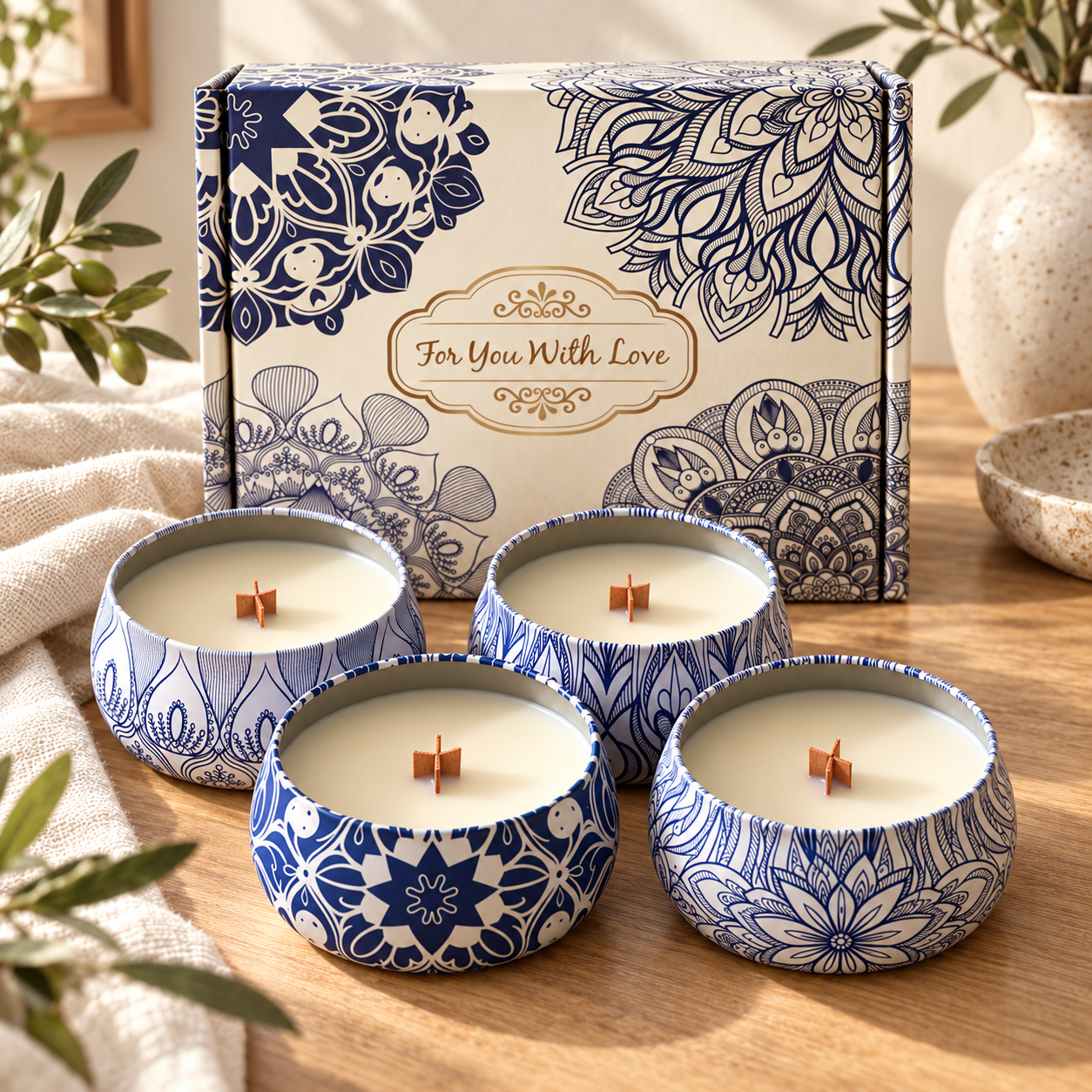 The Chandlery Hamptons gift set of blue and white tin candles on a timber table