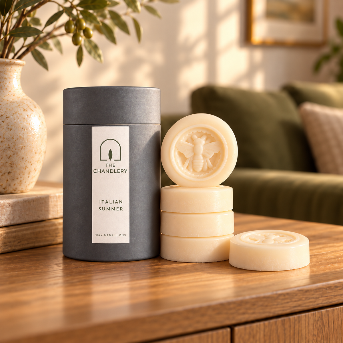 The Chandlery Italian Summer wax medallions stacked beside their labelled charcoal tube on a wooden sideboard in warm morning light, with a raised bee design on the top medallion.