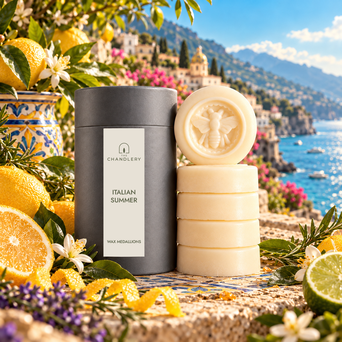 Italian Summer wax medallions and labelled charcoal tube surrounded by lemons, lavender and a colourful Mediterranean coastline.