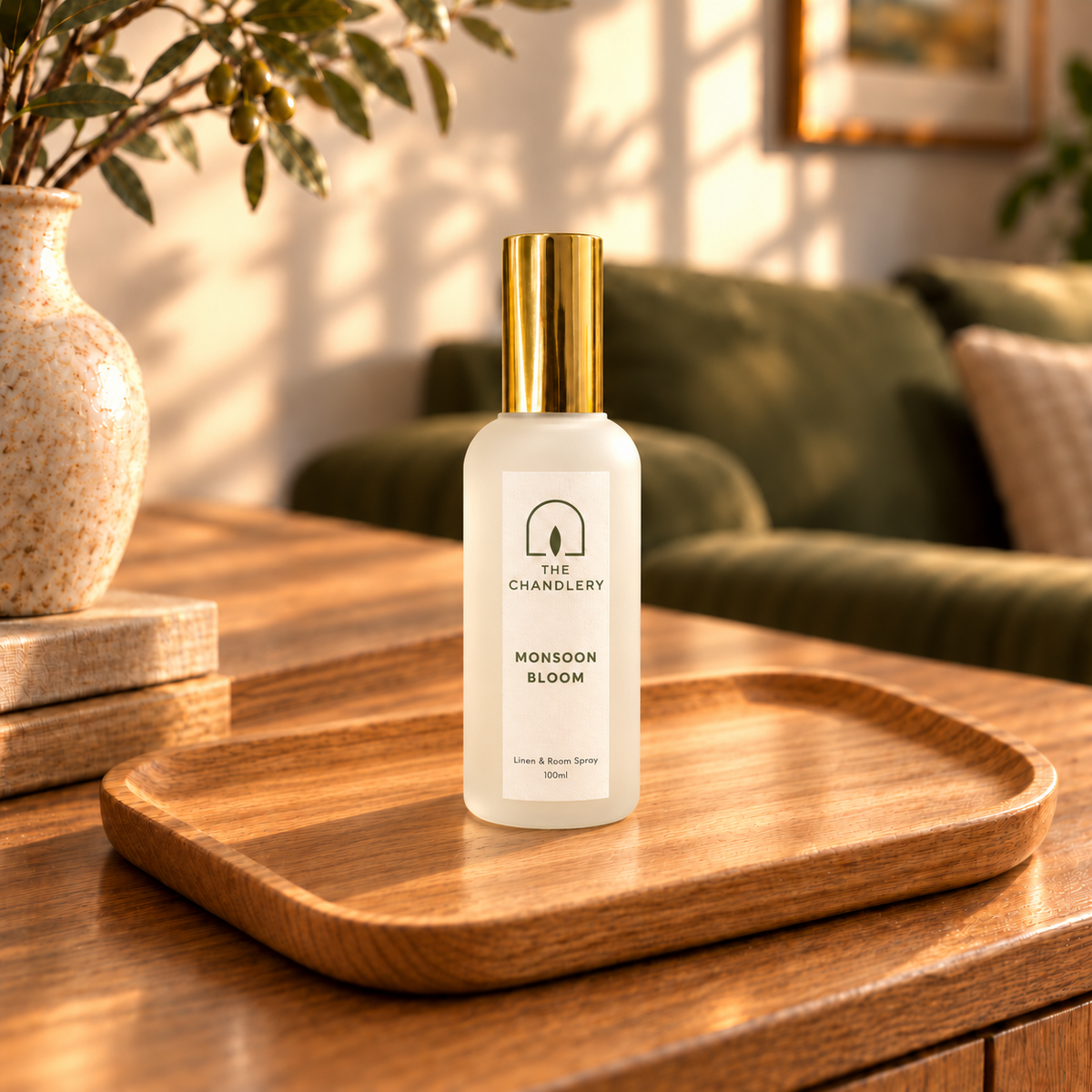 The Chandlery Monsoon Bloom room spray in a frosted glass bottle with a gold spray top, on a wooden tray on a sideboard in warm morning light.