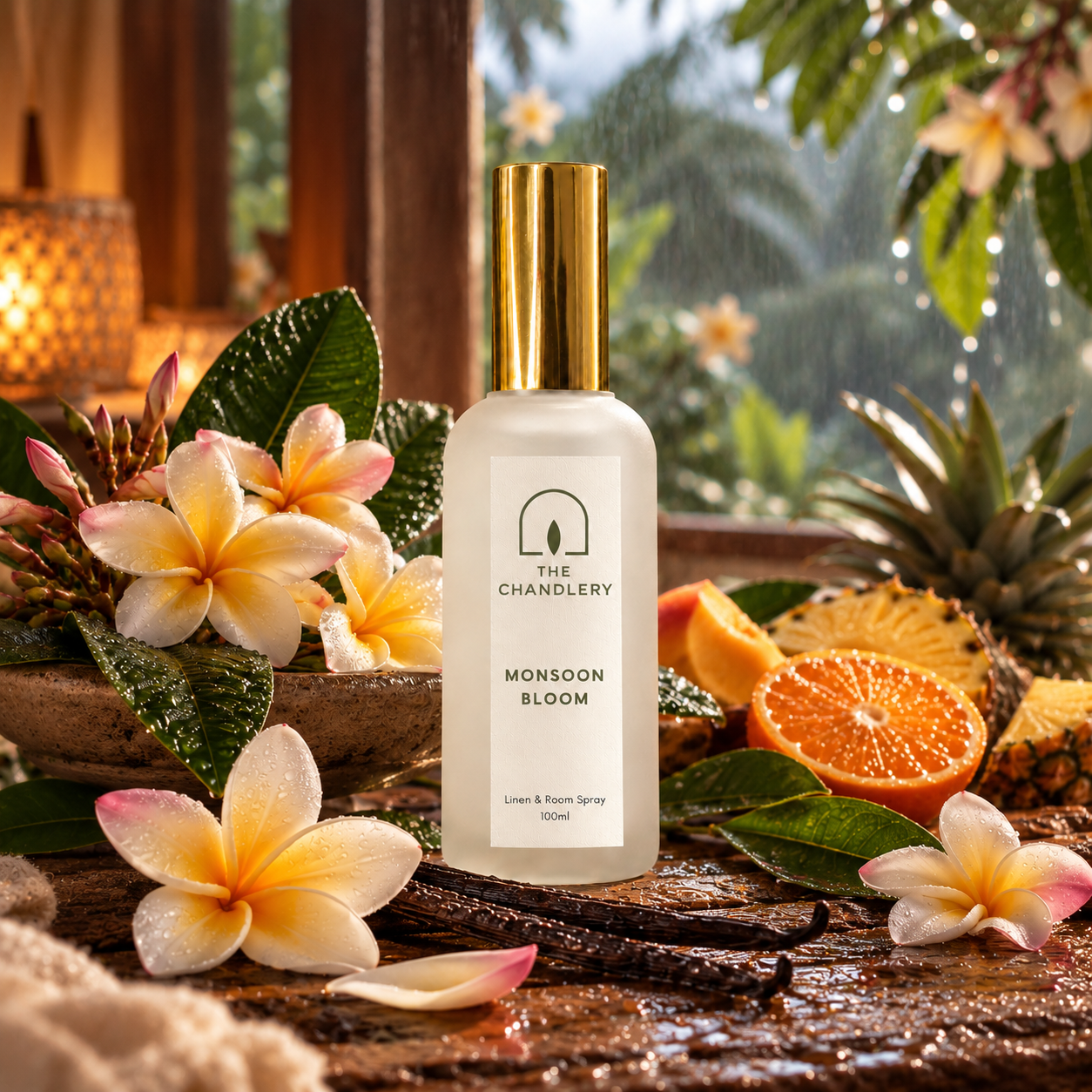 Monsoon Bloom room spray surrounded by frangipani flowers, tropical fruit and rain-soaked greenery.