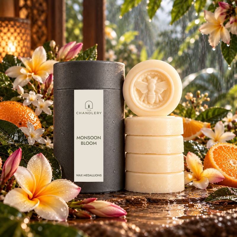Monsoon Bloom wax medallions and labelled charcoal tube surrounded by frangipani flowers, tropical fruit and rain-soaked greenery.