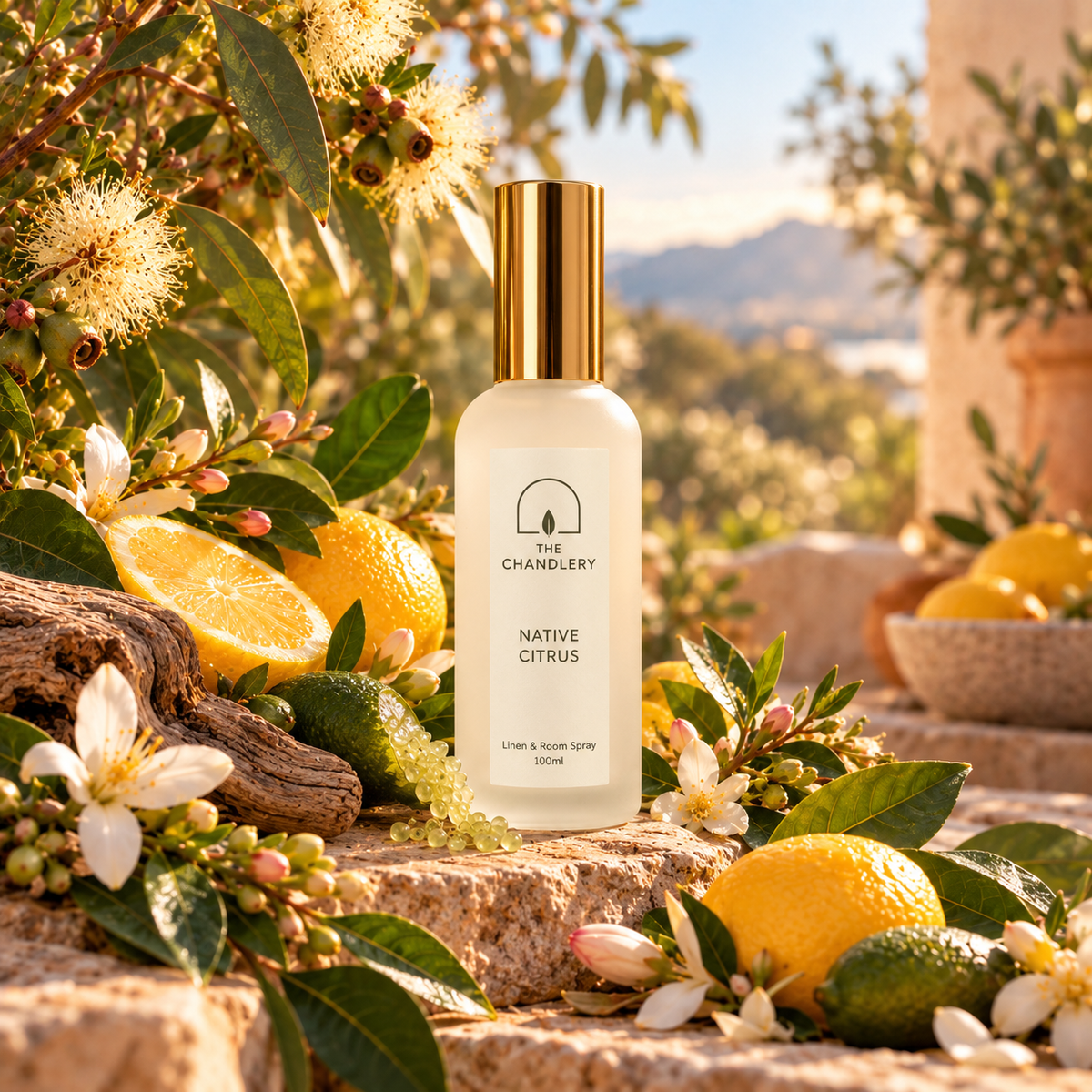 Native Citrus room spray surrounded by lemons, citrus leaves and small white blossoms in golden light.