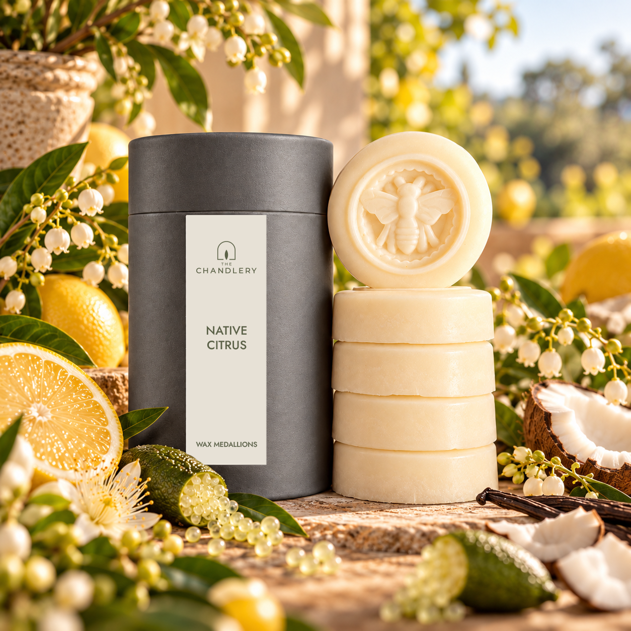 Native Citrus wax medallions and labelled charcoal tube surrounded by citrus fruit, green leaves and small white blossoms.