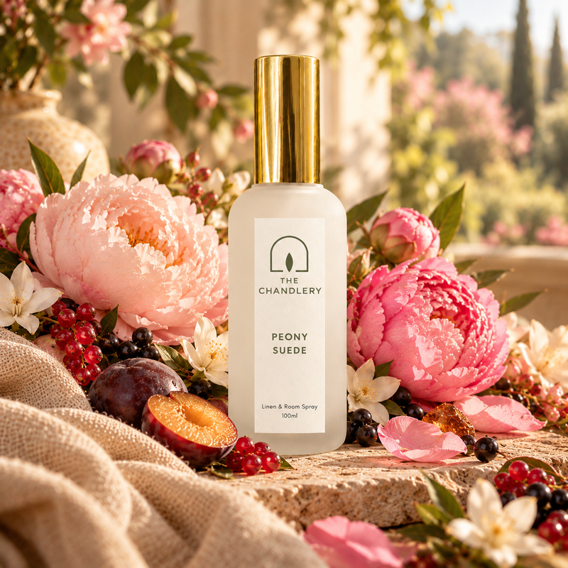 Peony Suede room spray surrounded by pink peonies, berries and soft fabric in warm light.