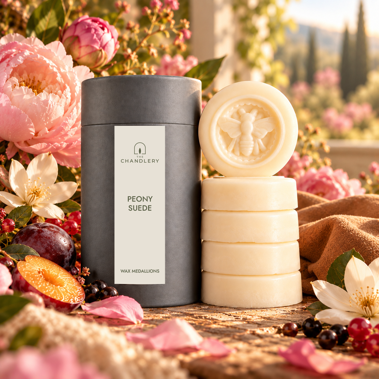Peony Suede wax medallions and labelled charcoal tube surrounded by pink peonies, berries and soft fabric in warm light.