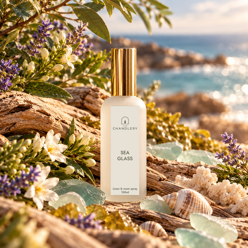 Sea Glass room spray surrounded by sea glass, shells, pale flowers and coastal foliage beside the ocean.