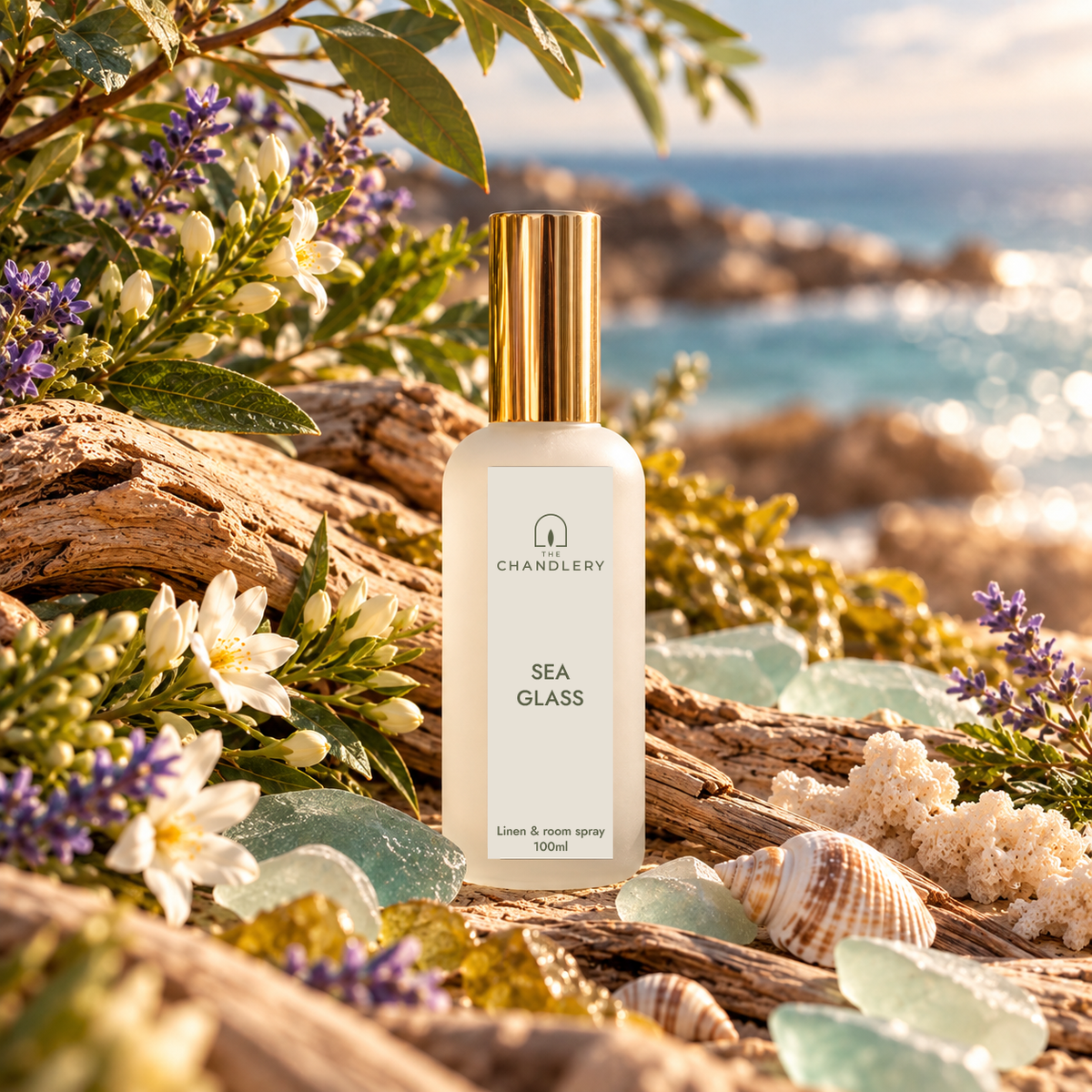 Sea Glass room spray surrounded by sea glass, shells, pale flowers and coastal foliage beside the ocean.