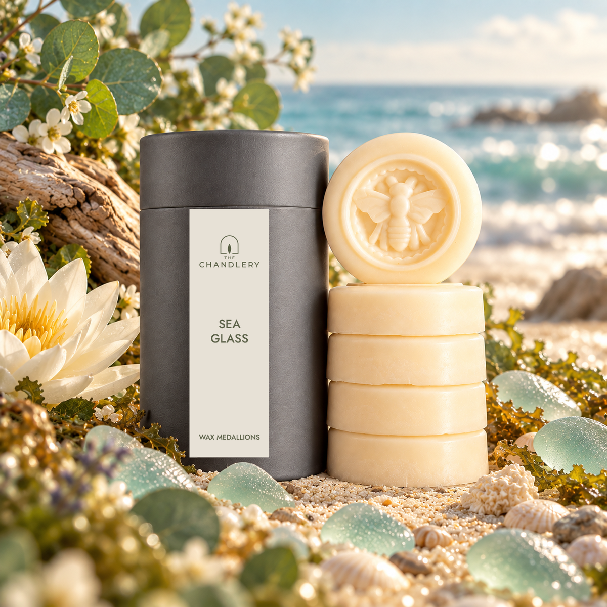 Sea Glass wax medallions and labelled charcoal tube surrounded by sea glass, pale flowers and coastal foliage beside the ocean.