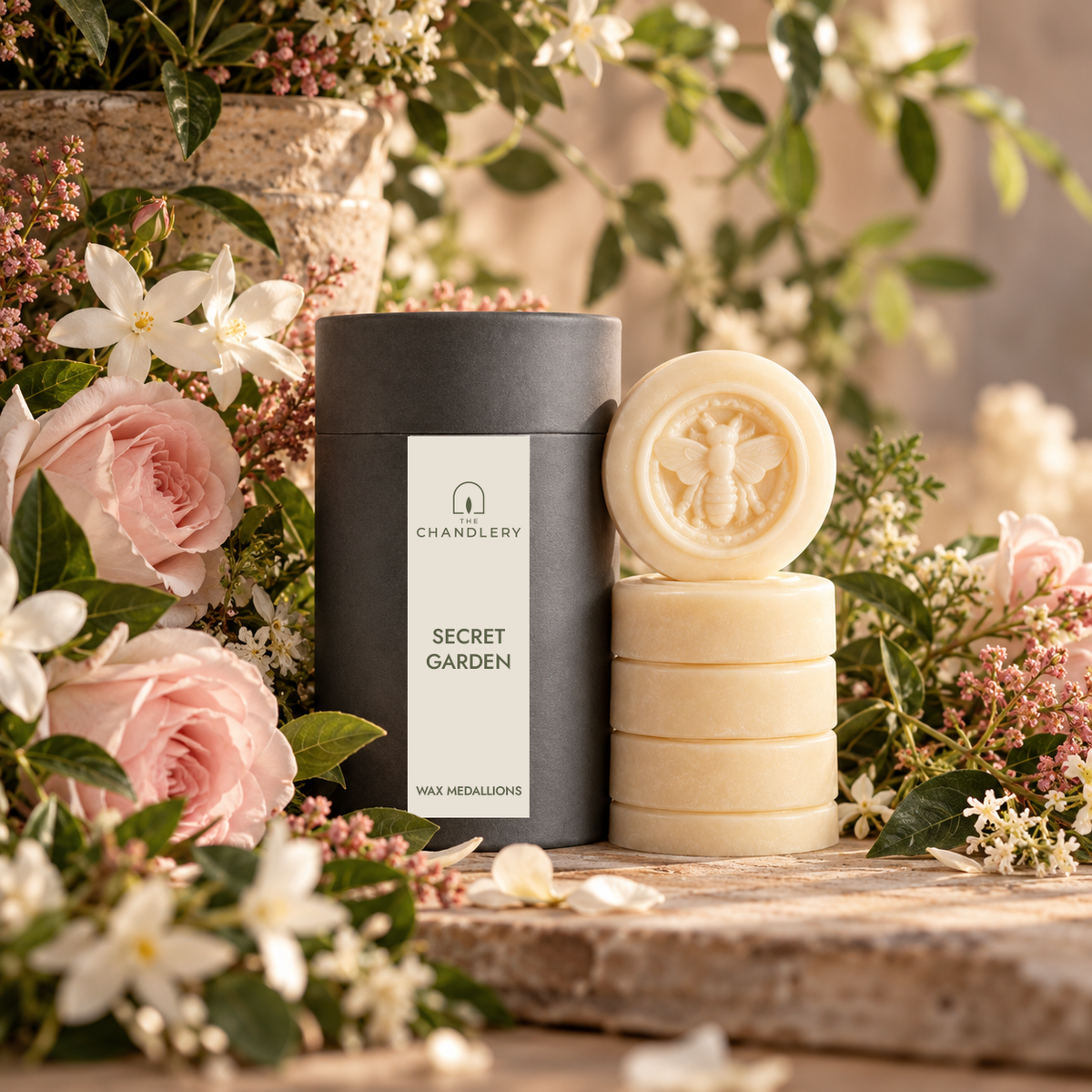Secret Garden wax medallions and labelled charcoal tube surrounded by pink roses, white flowers and trailing greenery in a garden.