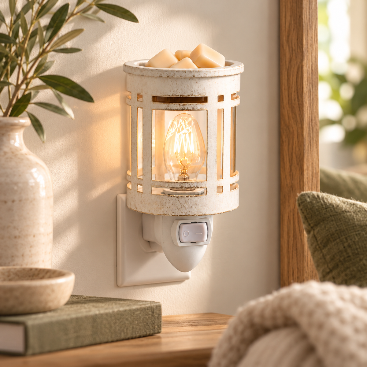 Vintage Glow white lantern plug-in wax warmer with wax melts, glowing beside a knit throw