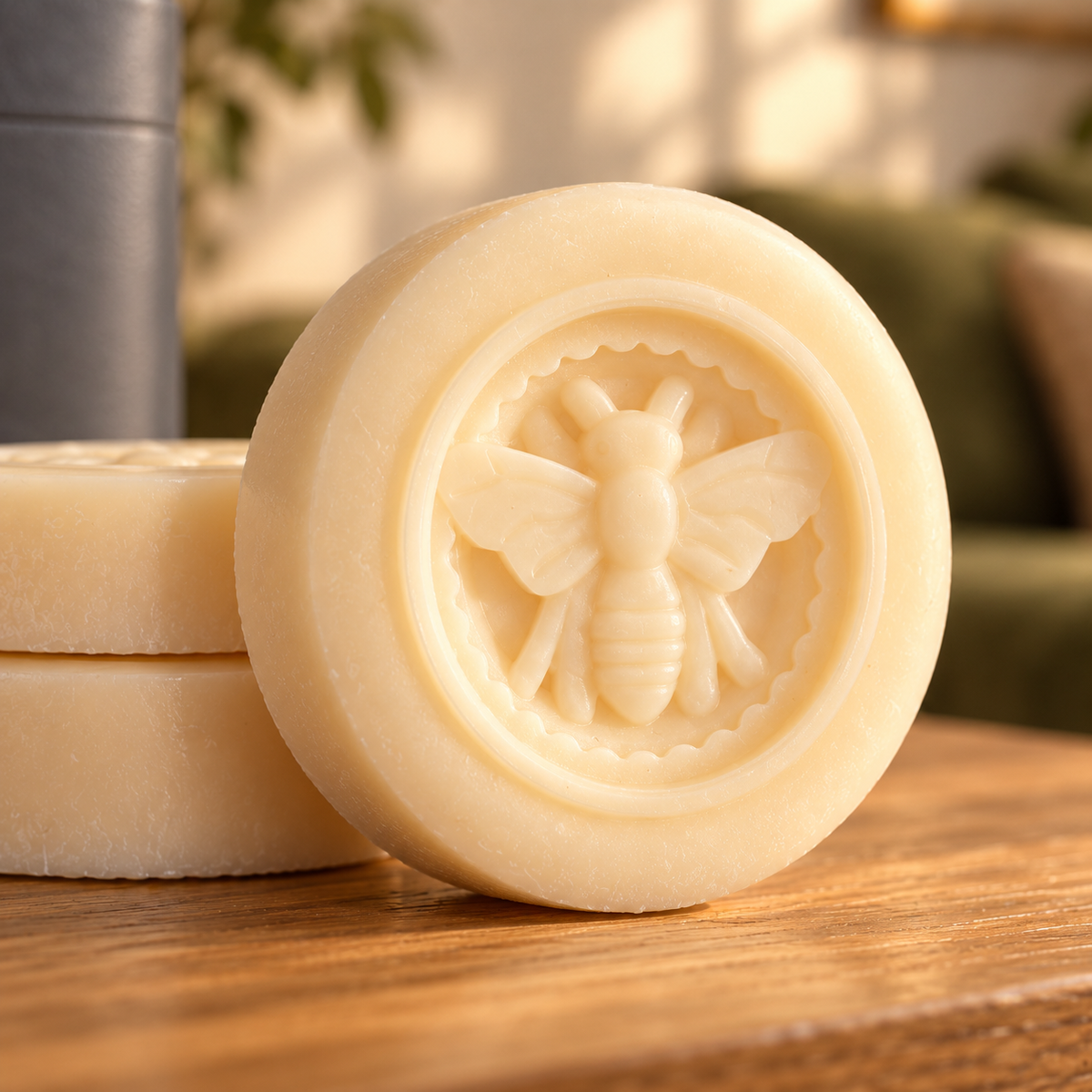 Close-up of an ivory wax medallion with a raised bee design and round rim, resting beside stacked medallions.