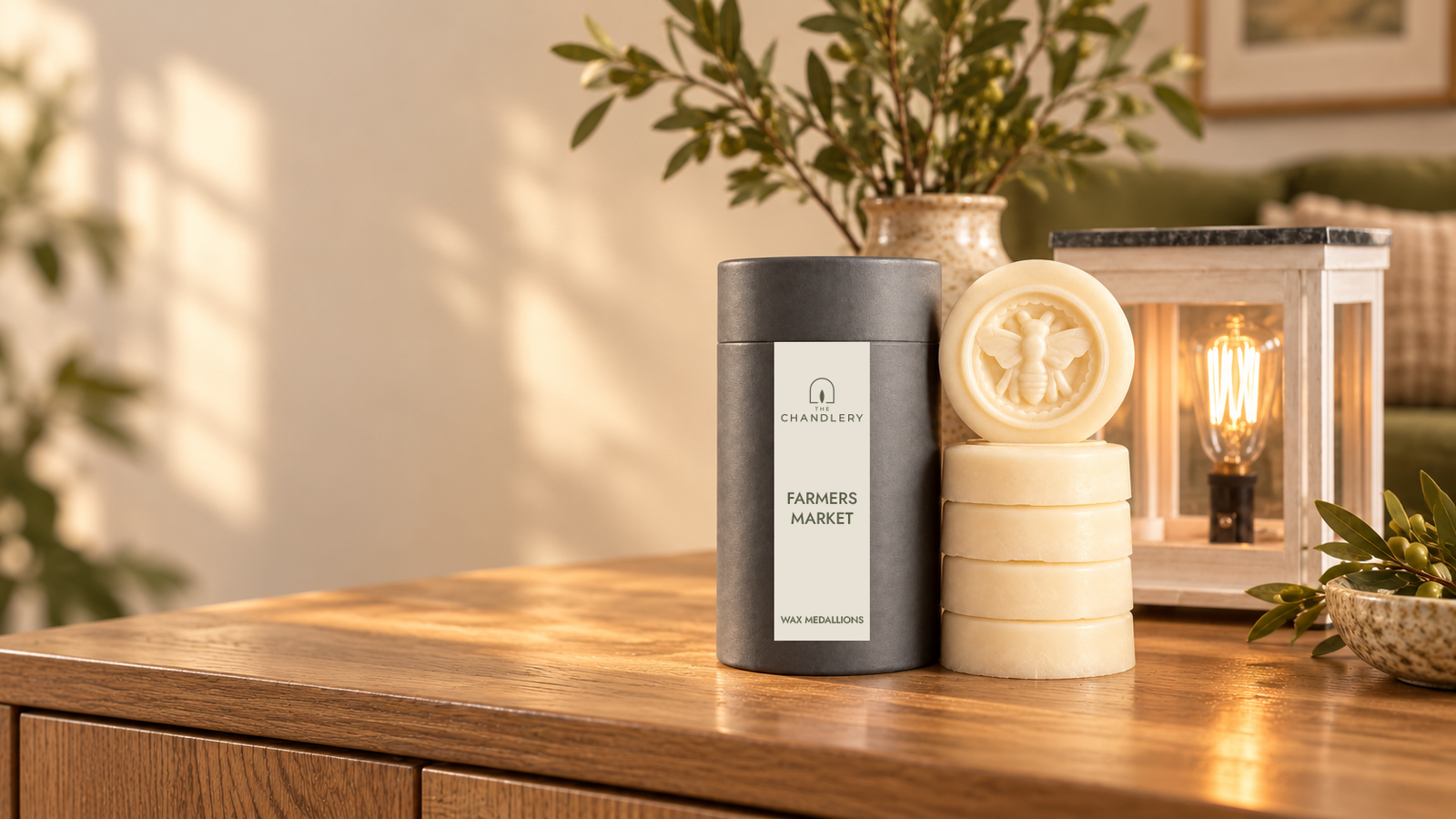 The Chandlery wax medallions stacked beside their charcoal tube on a timber sideboard in warm light