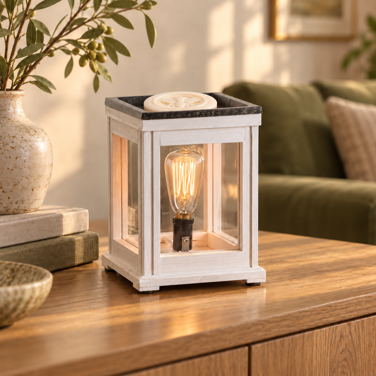 Ivory wax medallion in the dish of a glowing white lantern-style electric wax warmer on a wooden sideboard.